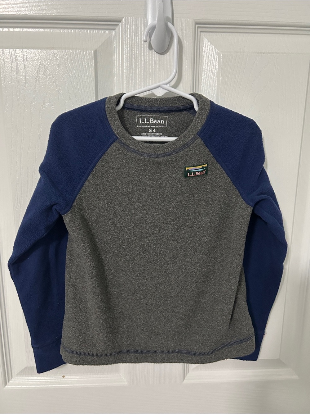 L.L. Bean Kids Gray Fleece Pullover with Blue Raglan Sleeves